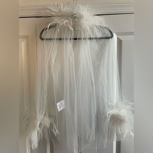 Styland white feather trim sheer blouse